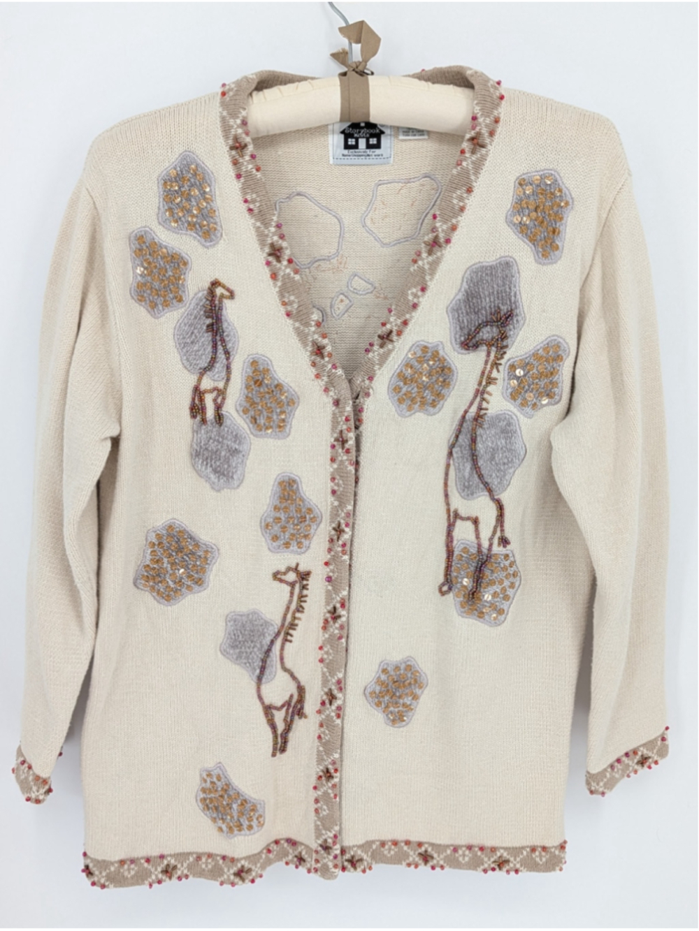 Storybook Knits Giraffe Language Cardigan L Beaded Giraffes Vintage HSN